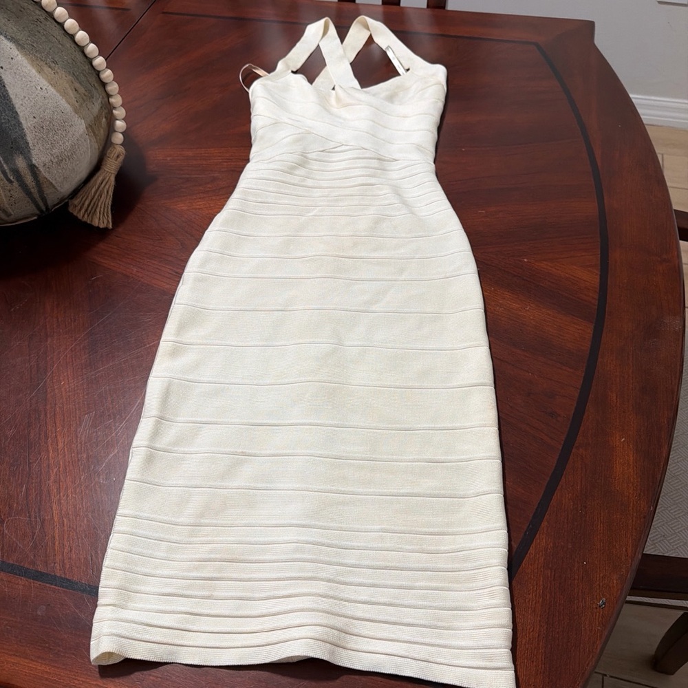 Has stains Herve Leger Ivory Stretch Bandage Dress